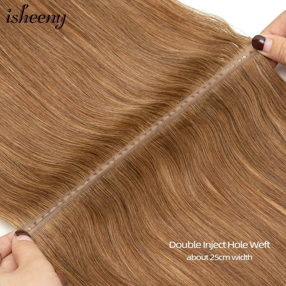 Invisible XO Hole Human Hair 12"-24" Flat PU Skin Weft Hair Extensions Natural Brown Micro Rings Hair Bundles 40-50g Isheeny — image 4