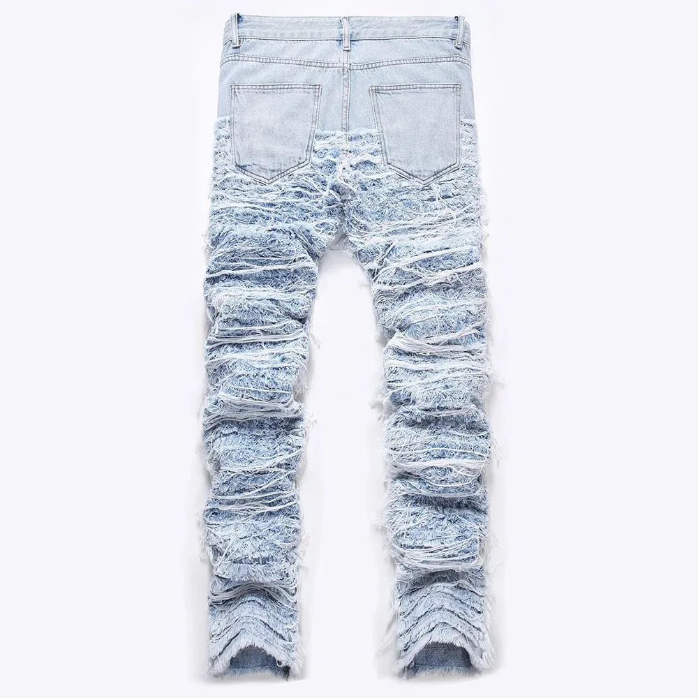 Men's Light Blue Fringe Denim Jeans Ripped Distressed Destroyed Streetwear Pants with Patches Patchwork Loose Fit Trousers — image 2