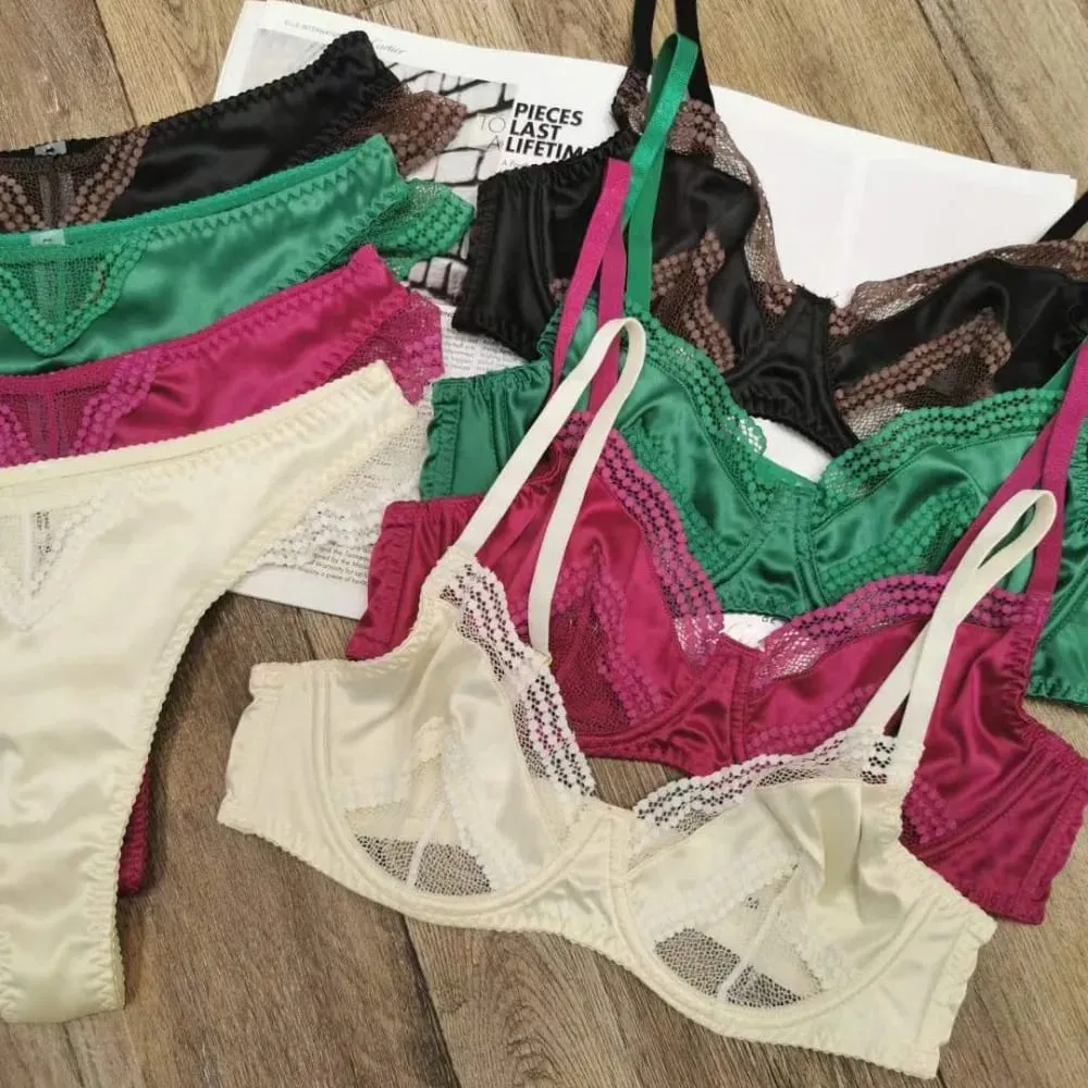 Women Brassiere Mesh Satin Lace Splicing Ultra Thin Minimizer Anti Sag Soft Support Lingerie For Girls 32‑38AB Suit — image 3