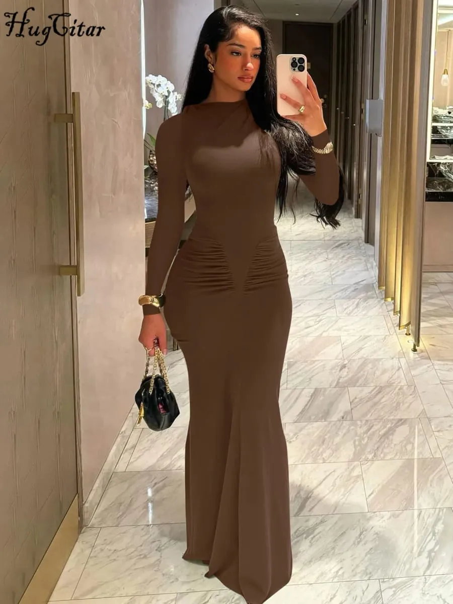 Hugcitar ฤดูใบไม้ร่วงแขนยาว Draped เซ็กซี่ Bodycon Maxi ชุดราตรีผู้หญิงแฟชั่น Y2K ชุดชุดราตรีเทศกาลคลับ — image 4