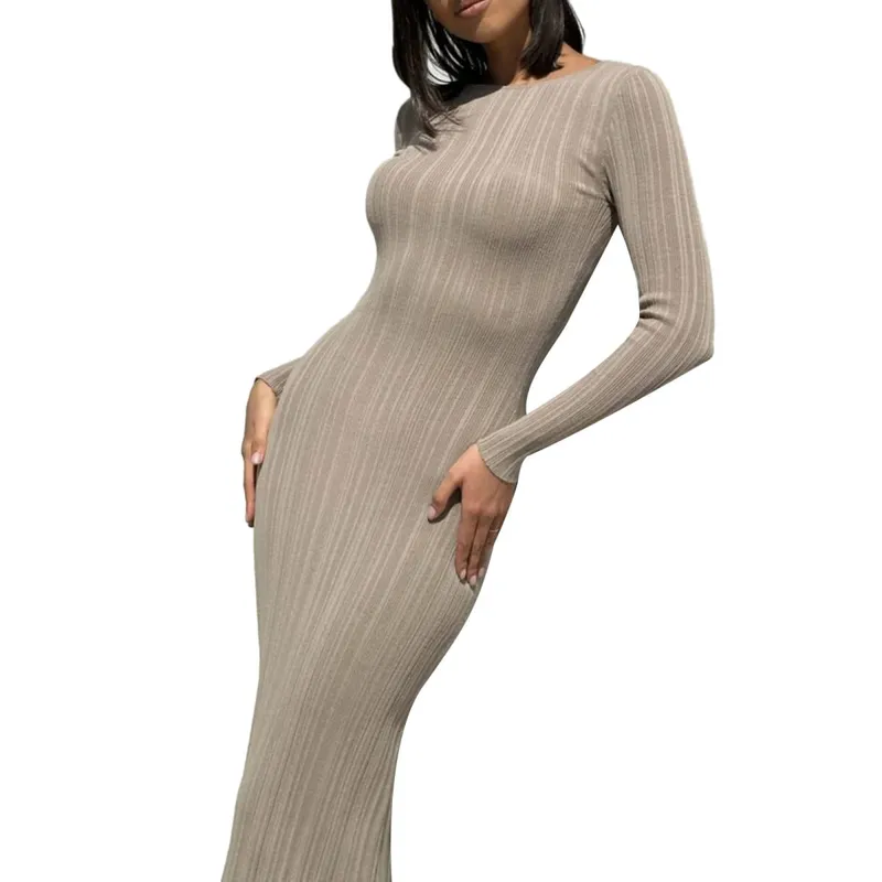 Women Spring Autumn Solid Color Bodycon Knit Dress Long Sleeve Crew Neck Ribbed Dress Slim Fit Long Dress — image 14