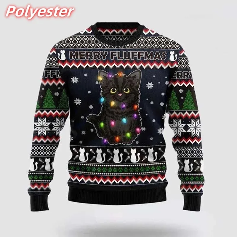 Felpa con cappuccio da uomo con fiocco di neve con gatto stampato in 3D Felpa con motivo regalo di Natale Pullover casual a maniche lunghe con cappuccio girocollo