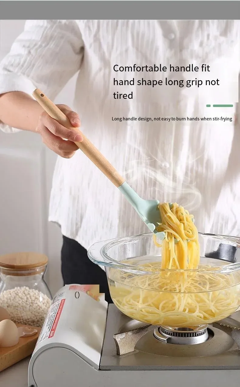 12pcs Set of Multi-color Silicone Wooden Handle Kitchenware Set Non Stick Pot Spatula and Spoon Cooking Utensils Heat-resistant — image 9