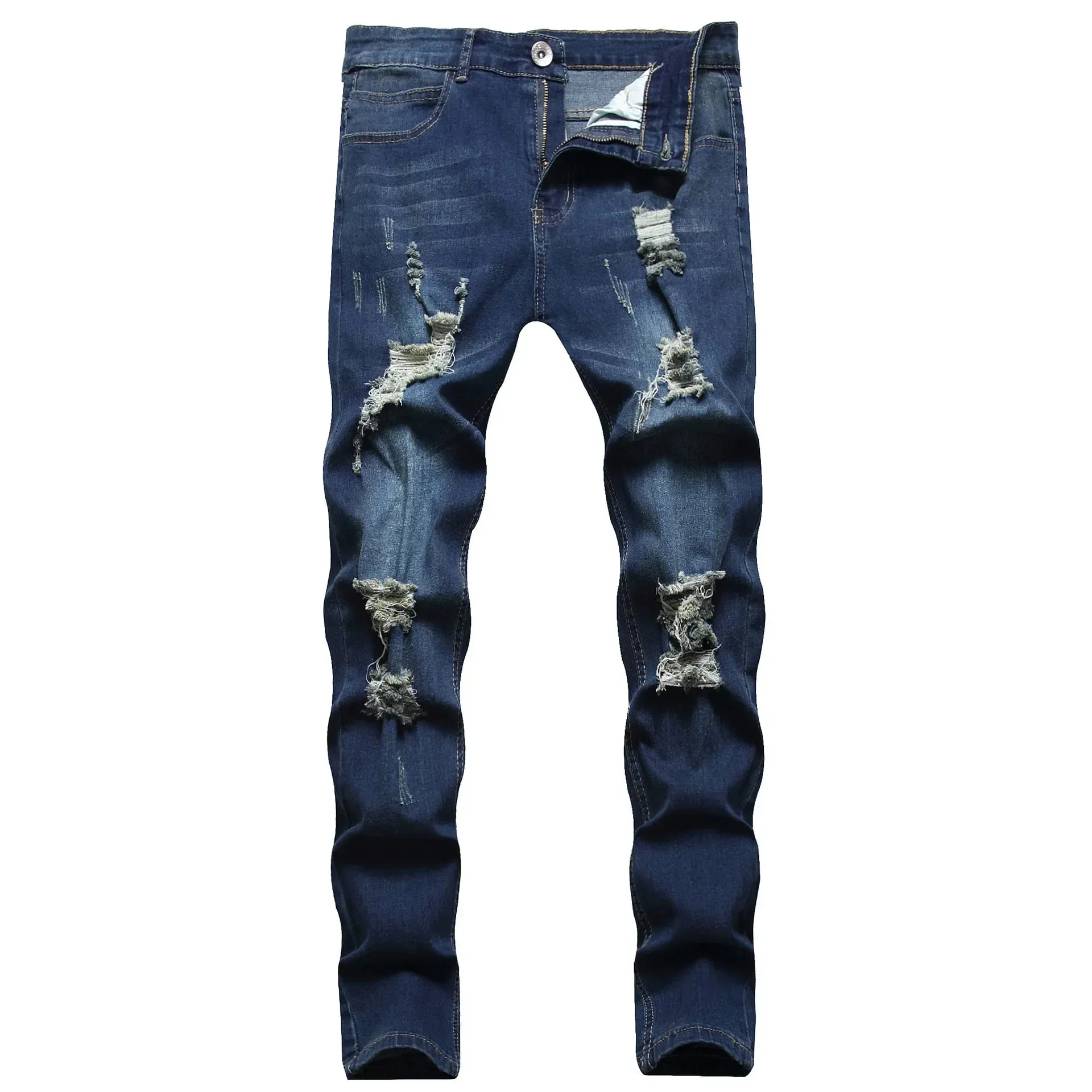 Jeans Men Hole Distressed Pencil Pants Slim Fit Vintage Zipper Fly Pockets Solid Colour Washed Denims Ankle Length Trousers