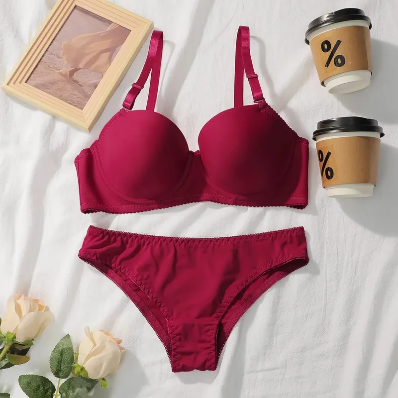 New Hot Selling Solid Color Daily 2-piece Set with Steel Rim push up Bra for Women Underwear Set J2611 — image 11