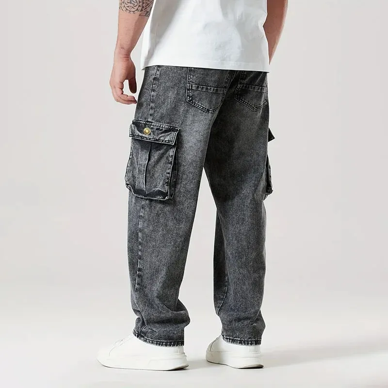 Korean Casual Comfortable Loose Fitting Jeans For Men Large Pocket Jeans Seasons Straight Leg Pants Work Pants — image 2