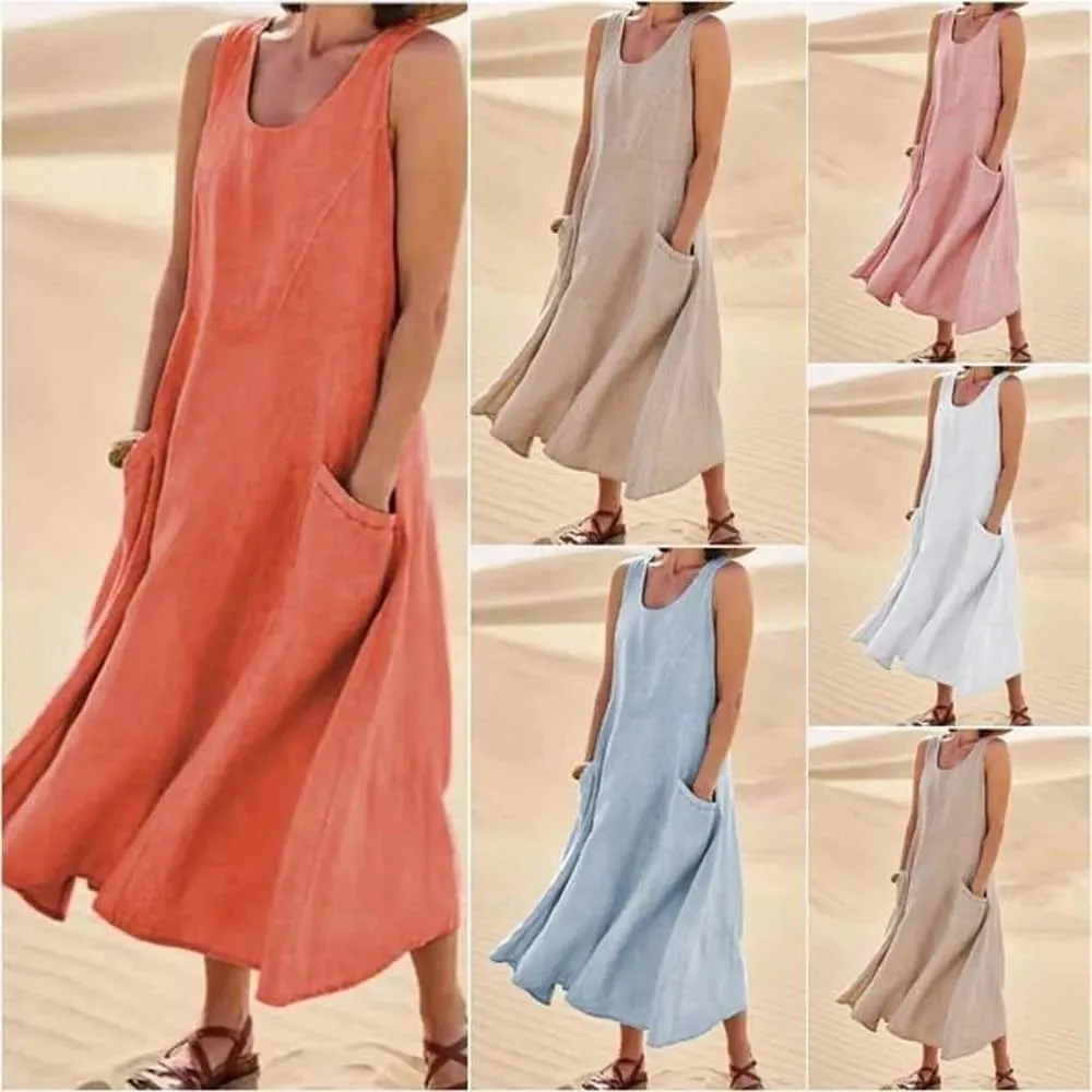 Women Coton Linen Sundress Summer Female Sleeveless Double Big Pocket Loose Sand Beachwear Long Dress Oversized S-5XL LRFZ-818 — image 2