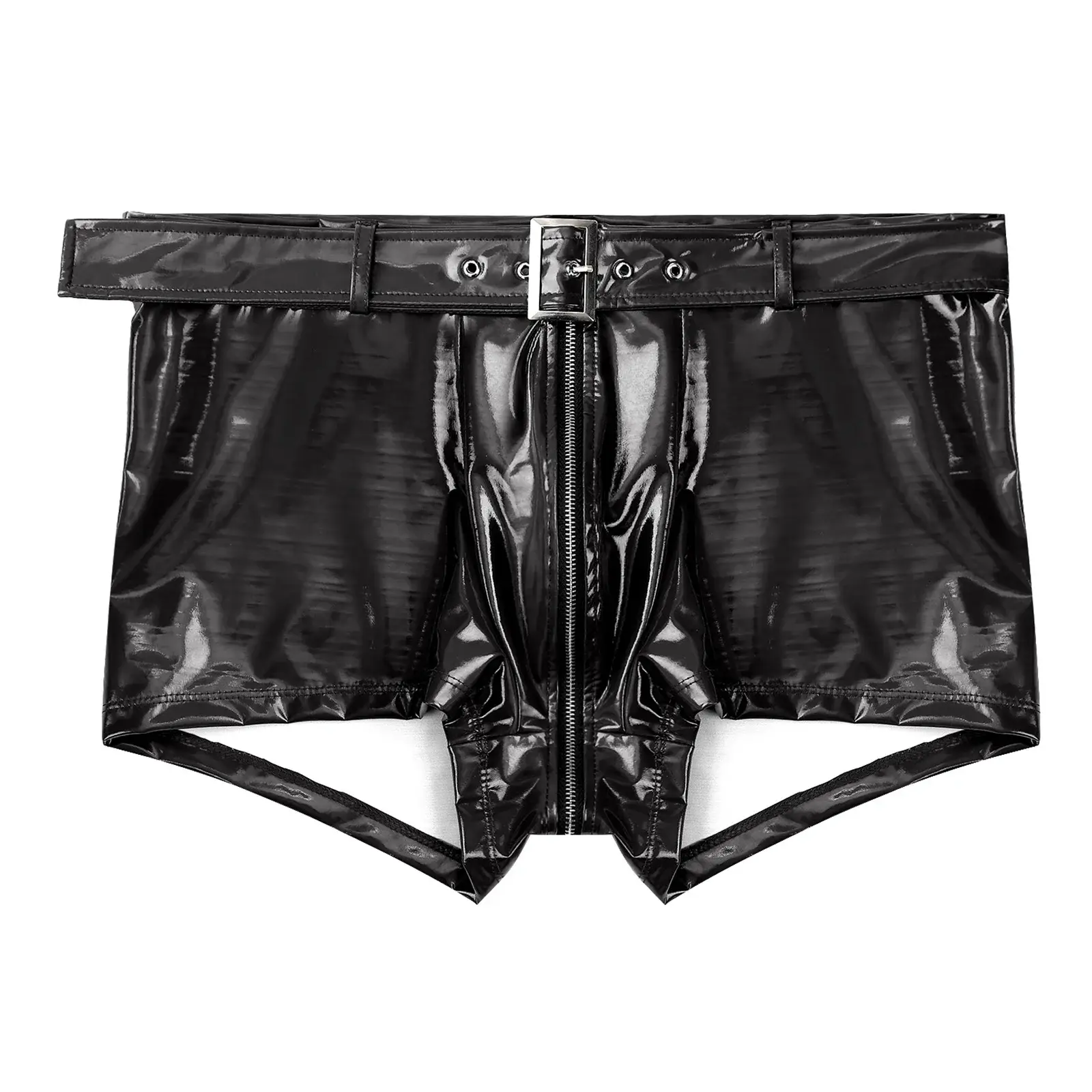 Men's Boxer Shorts Wet Look Latex PVC Leather Zipper Shorts Bottoms Bulge Pouch Boxer Brief Clubwear Party Hot Pants Nightwear