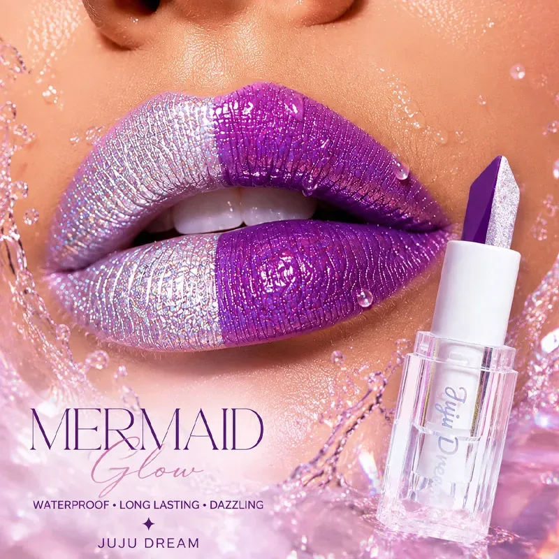 Dual-Color Gradient Mermaid Lipstick Shimmer Shiny Purple Moisturizing — image 3