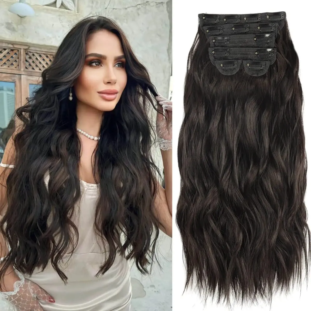 Synthetic Long Wavy Clip In Hair Extensions 20" Thick Hairpiece 6pcs/set For Women Brown Blonde Black Natural Fake Fiber Hair — image 8