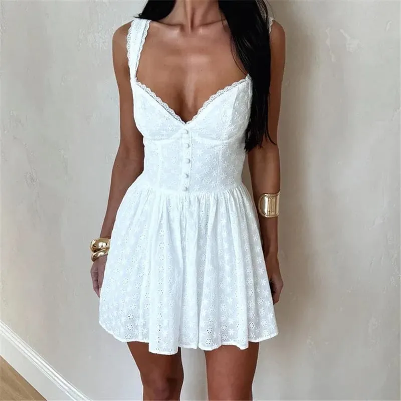 hirigin Women's Summer Mini Dress Stylish Solid Lace Trim Flower Embroidered Hollow Details Sleeveless V Neck A Line Dress