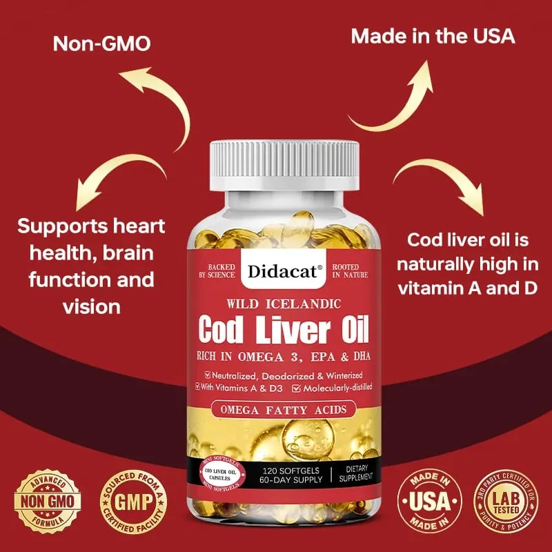 Cod Liver Oil Capsules Fish Oil Omega 3+ Vitamins A & D3 - Supports Heart Brain Vision & Joint Health — image 4