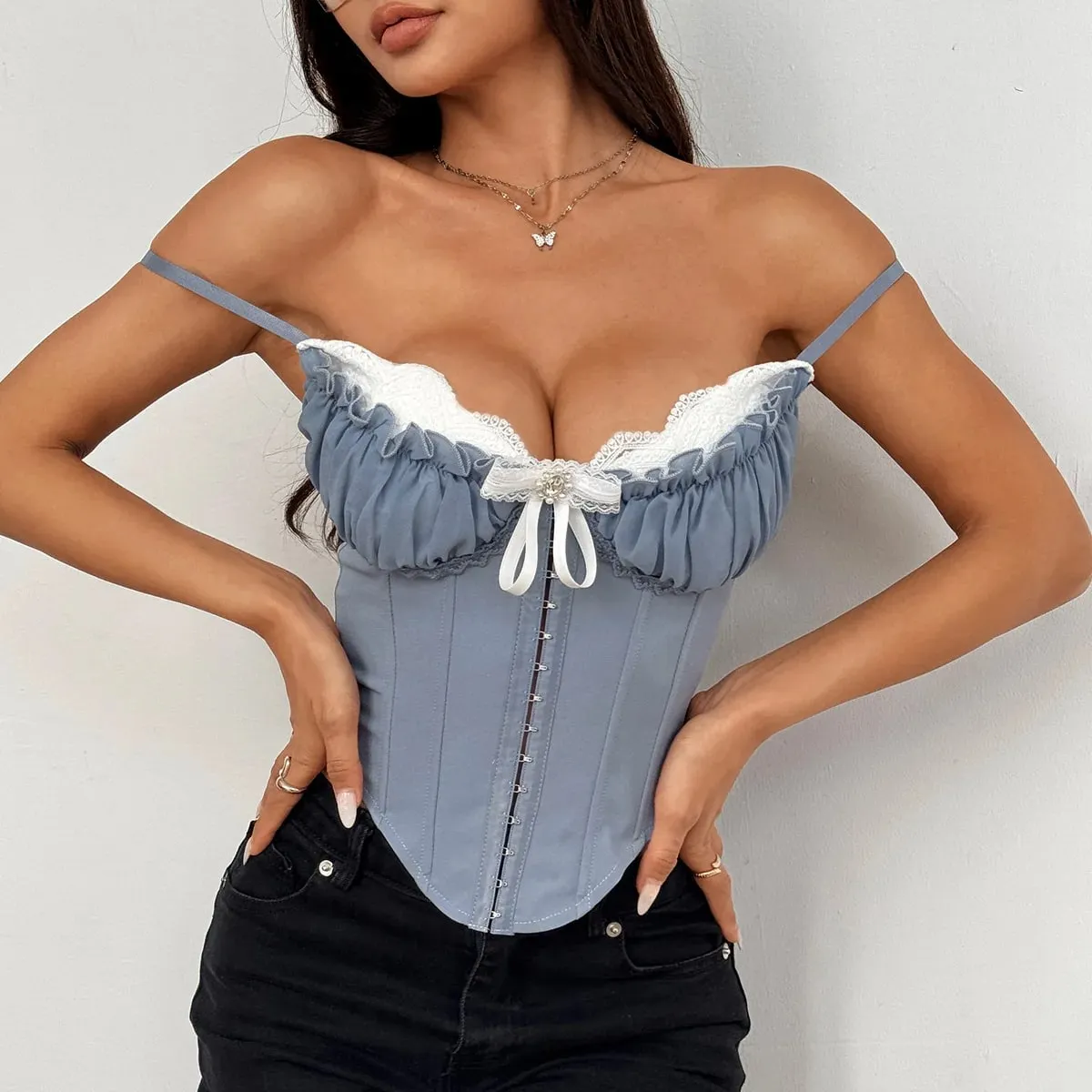 Sexy V Neck Y2K Crop Tops Lace Patchwork Pleated Bowknot Corset Top Sexy Backless Slim Camisole Body Shape Fishbone Bustier — image 8