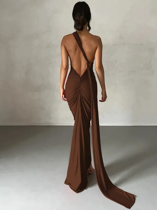 Hugcitar One Shoulder Backless Adjustable Scarf Loop Ruched Sexy Maxi Dress Women Elegant Y2K Streetwear Festival Outfit — image 16