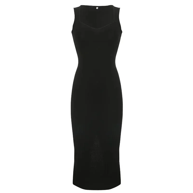 Myufon Basic Knit Long Dress Korean Fashion Square Collar Sleeveless Women's Dresses Summer Casual Y2k Vintage All-match Outftis