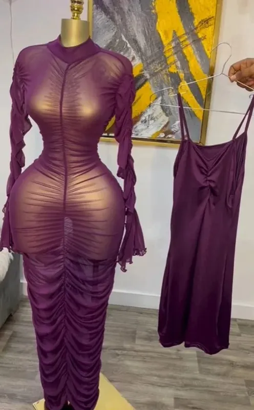 CM.YAYA Women Flare Long Sleeve Stacked Ruched Mesh See Though with Tank Dress Maxi Long Dress 2025 Birthday Sexy Party Dresses