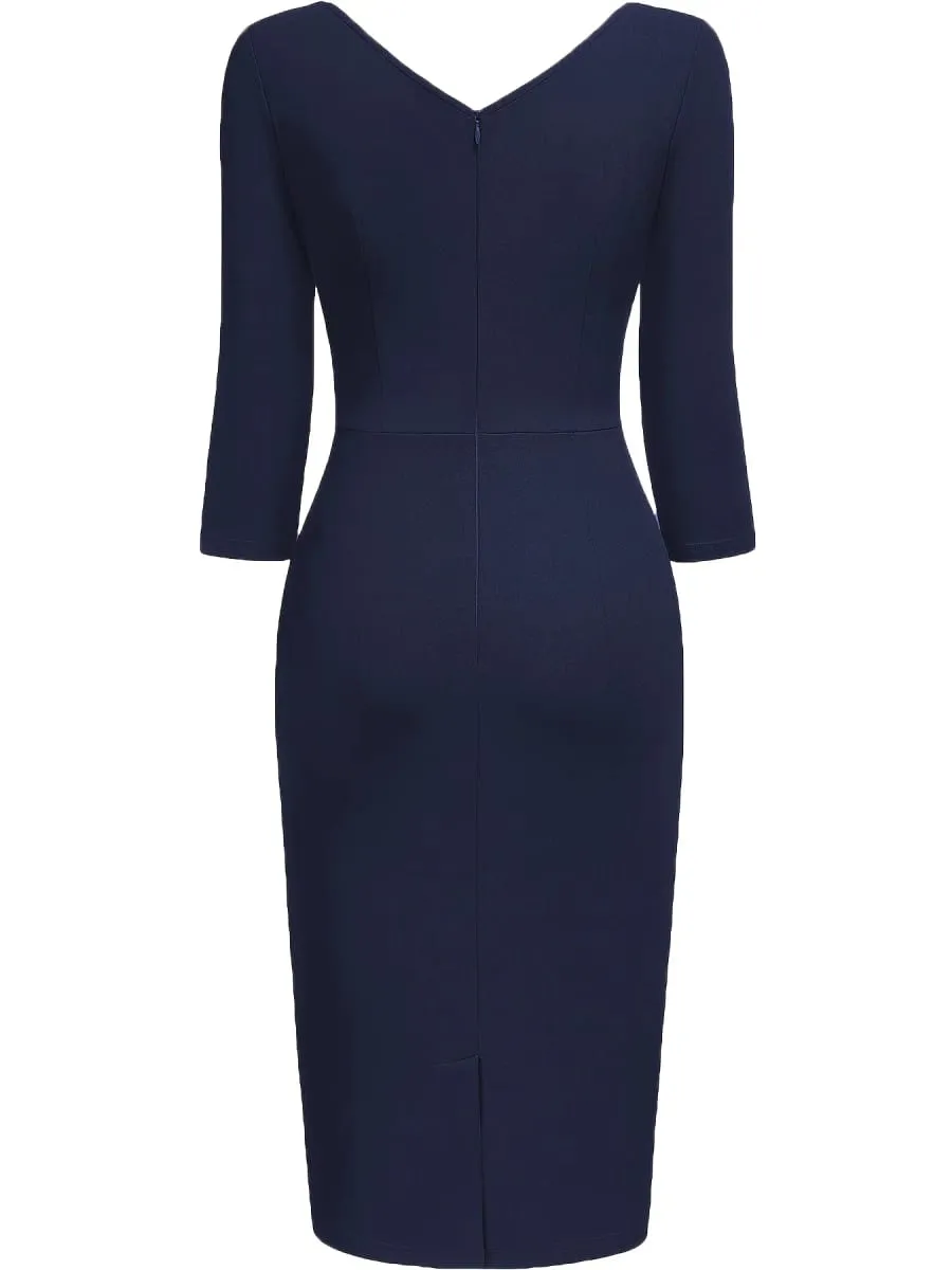 Women Vintage 2/3 Sleeve Deep V-Neck Ruched Slim Knee Length Cocktail Party Wrap Sheath Bodycon Pencil Dress — image 5