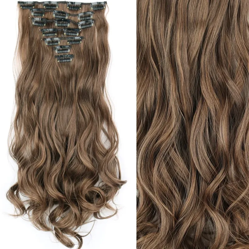 16 Clips 7Pcs/Set Hair Extensions Long Wavy Hairstyle Natural Synthetic Black Blonde Hairpieces Heat Resistant For Women — image 12