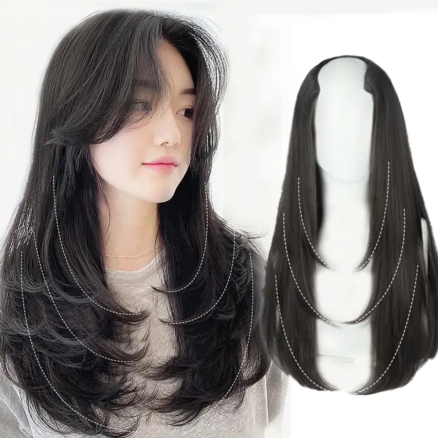 Synthetic Wig Women's Traceless Invisible U-shaped Long Straight Hair With Inner Buckle Long Curly Hair Natural Extension Wig — image 2