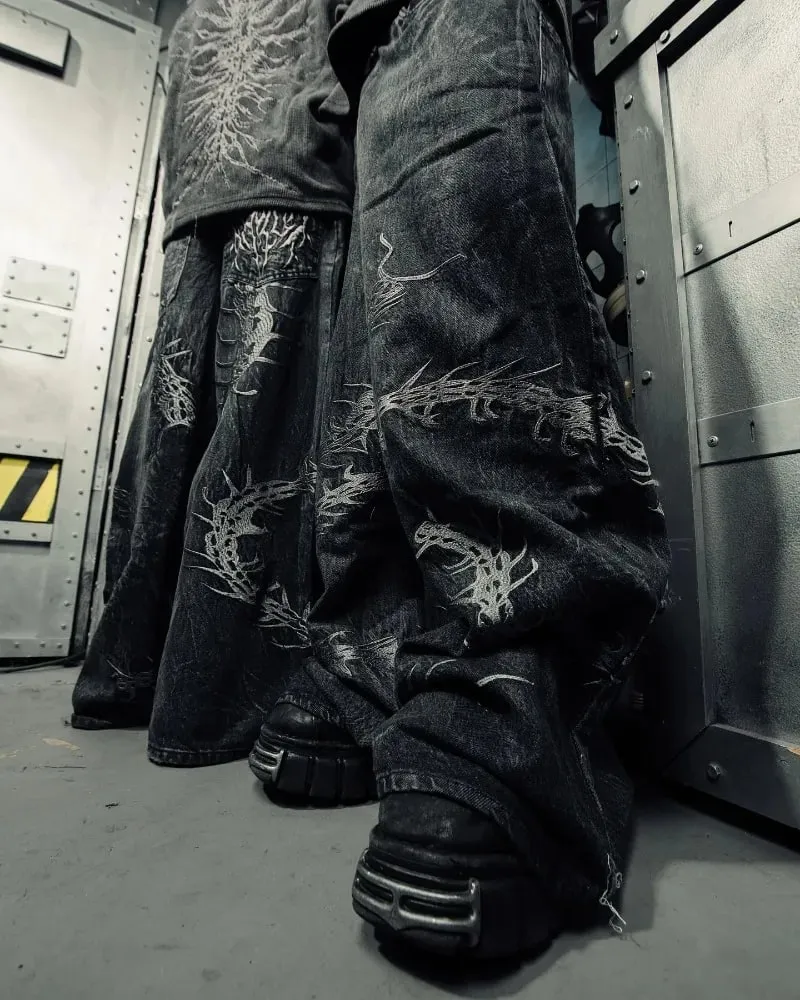 90s Gothic Centipede Embroidery Washed Oversized Wide-Leg Pants Jeans Men Y2K New Harajuku Punk Hip-Hop Rock Couple Street Wear — image 3
