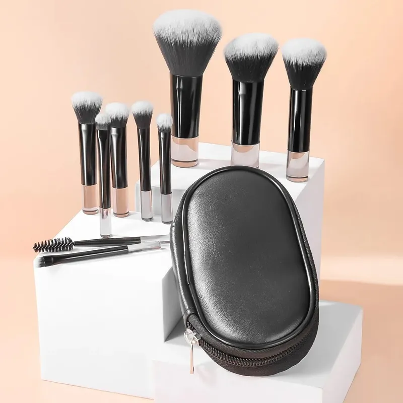 Set Berus Solek Mini 10 Keping dengan Beg Berus Mekap Saiz Perjalanan Mudah Alih Tersedia dalam Pelbagai Warna