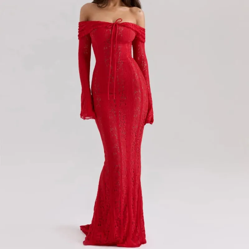 Oligai Abito elegante aderente con spalle scoperte 2024 Nuovo in bianco Abito lungo in pizzo con maniche svasate Abito da sposa per le donne