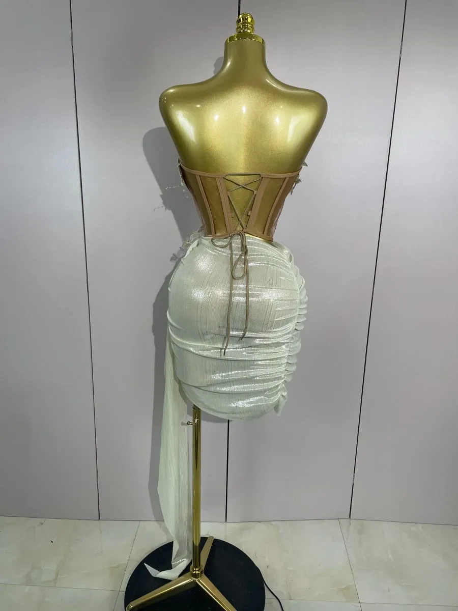 Luxury Shining Pearls Sexy Asymmetrical Skirt 2 PCS Set 2025 Women Evening Birthday Party Stage Dancer Performance Costume — image 3