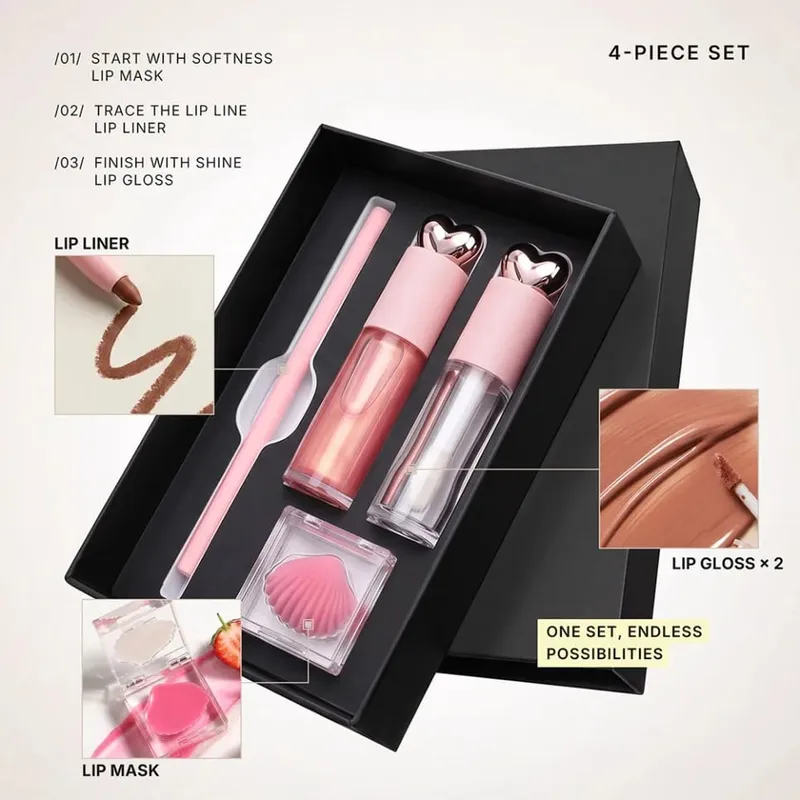 4 Buah/Kit Makeup Vegan Lip Gloss Matte Lipstik Lip Liner Masker Bibir Set Label Pribadi Logo Kustom Grosir — image 2