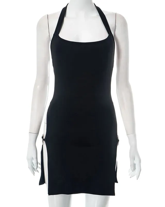 Y2k Black Spaghetti Strap Mini Robe Dress Women Backless Sexy Party Thigh Slit Slim Suspender Skirts 2024 Summer Evening Dresses