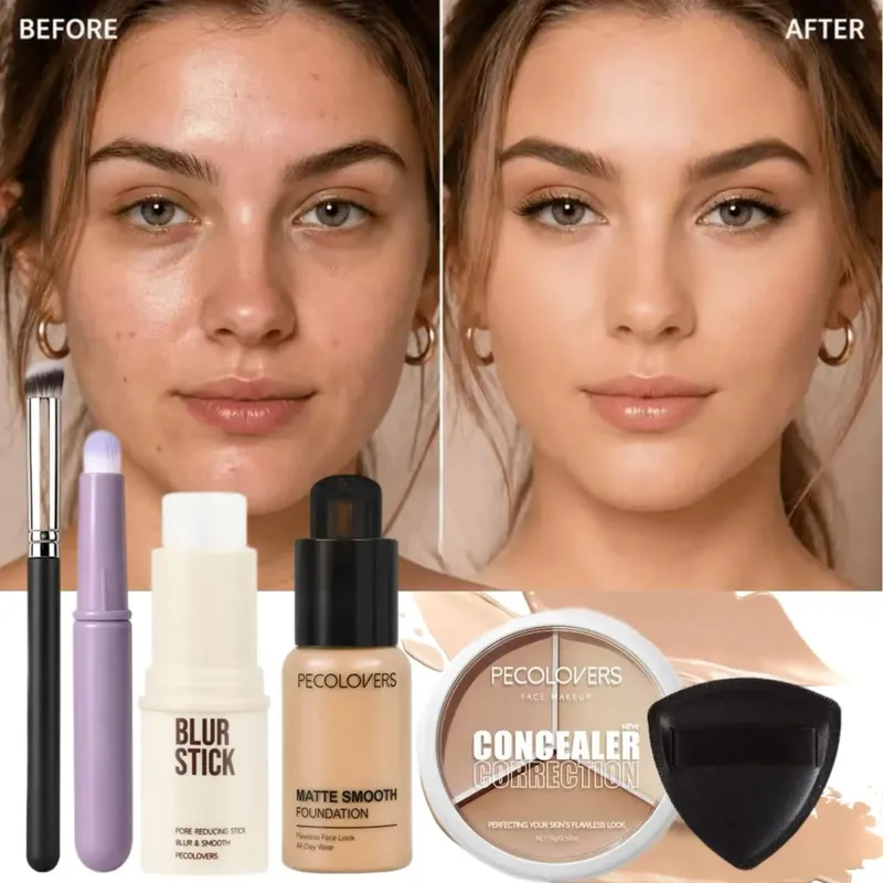 6PCS/SET Flawless Base Makeup Set - Pore Primer High-Coverage Full Coverage with Concealer BrushLightweight Liquid Foundation — image 2