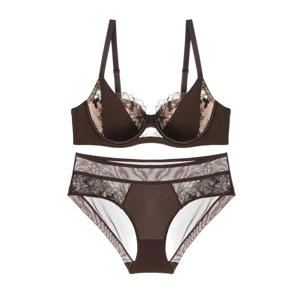 Big Bust D Cup Plus Size Color Block Lace Bra Set Thin Cup Full Coverage Brassiere Lingerie Set Curvy Women Underwear