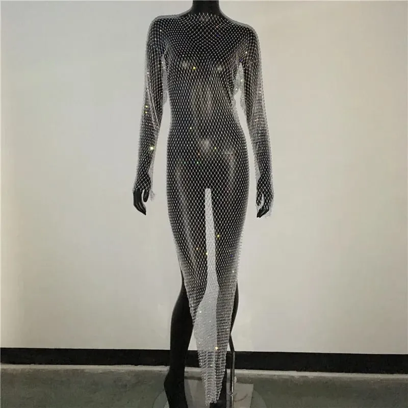 Shiny Rhinestones Grid Fishnet Dress Long Sleeve O-Neck Hollw Out Side Slit Dress Sexy Beach Cover Up Breathable Women Vestidos