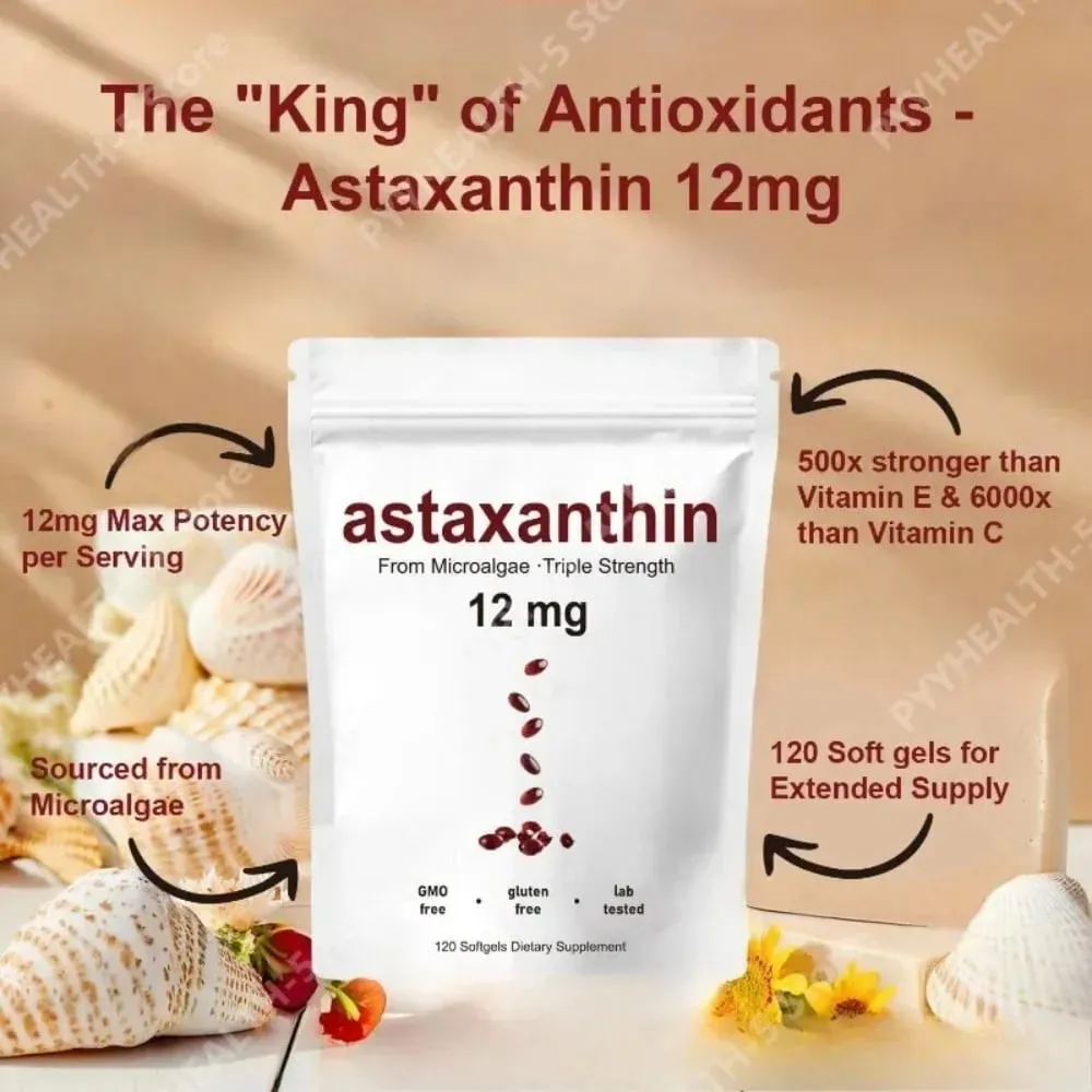 Astaxanthin 12mg Softgels - Hỗ trợ chống oxy hóa hàng ngày Không chứa gluten Không chứa gluten 120 viên dành cho người lớn — image 3