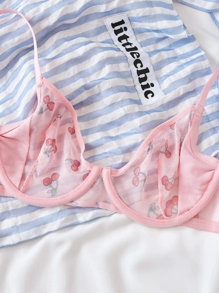 Pink Cherry Lace Bras Set with Mesh Overlay Lingerie Birefs Suit Lightweight Plus Size Underwear Sexy Lace Adjustable Bra Sets — image 3