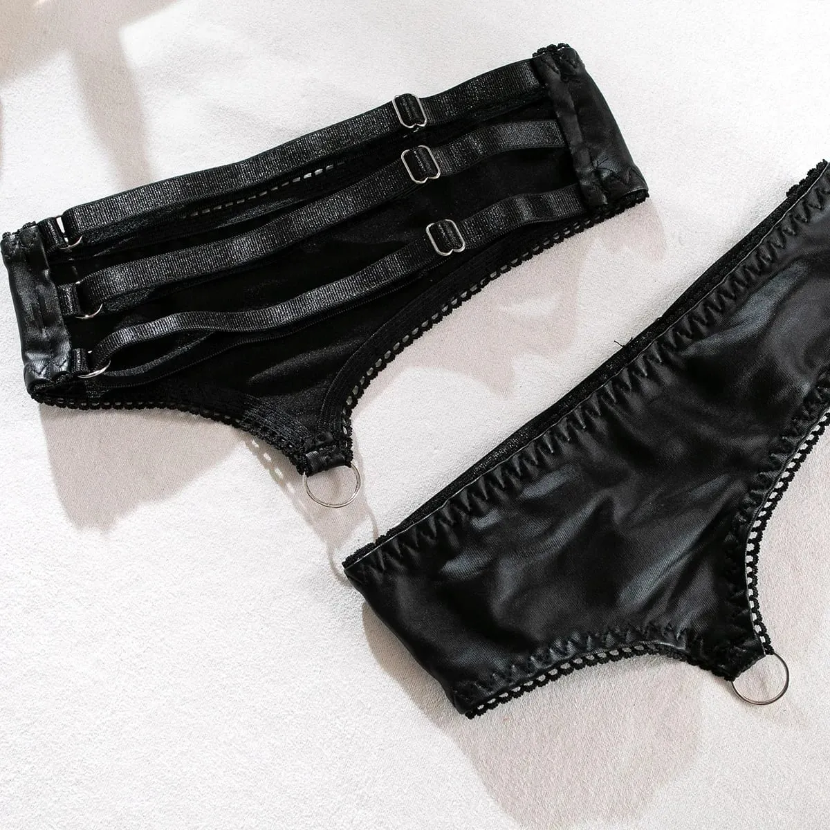 Sexy Hollow Out Leather Lingerie Set Women's Solid Simple Three Piece Underwear Set Female Sujetadores Transparente Para Mujeres — image 6