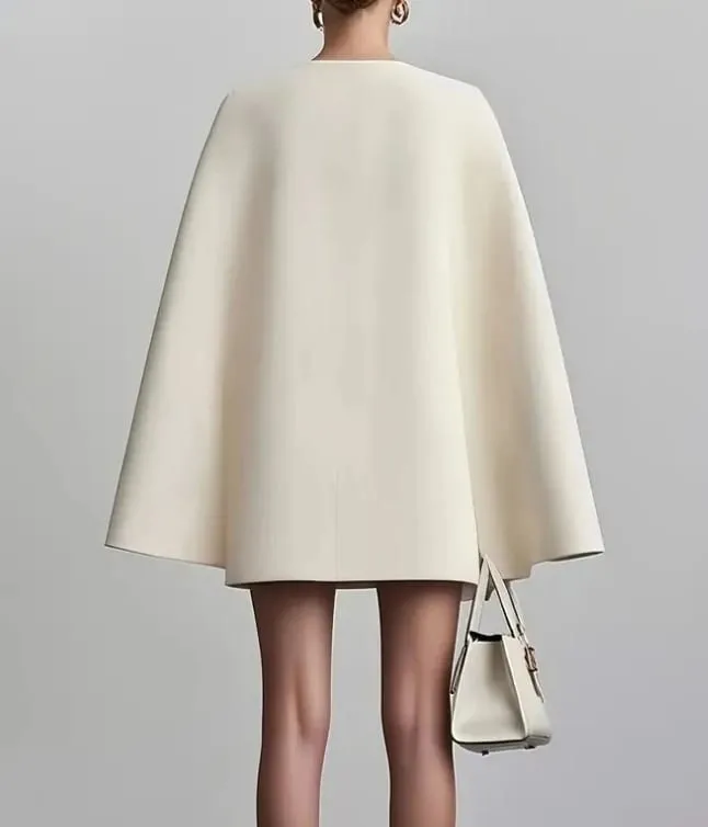Womens Dresses 2025 Spring Autumn New Commuting Double Breasted Shawl Cape Solid Color V-Neck Mini Dress Women's Clothing — image 3