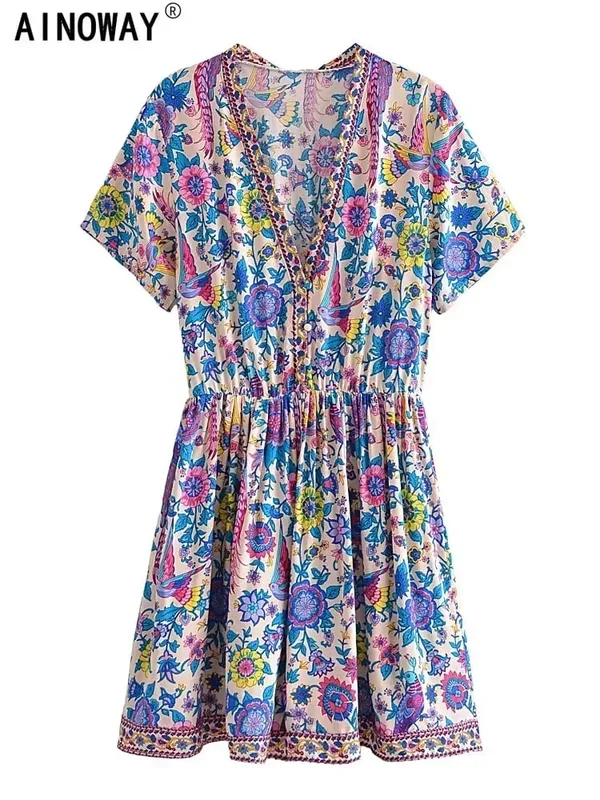 Vintage Chic Women Peacock Květinový potisk Hluboký výstřih do V Bohémské minišaty Dámské Krátký rukáv Happie Beach Boho šaty Vestidos — image 2