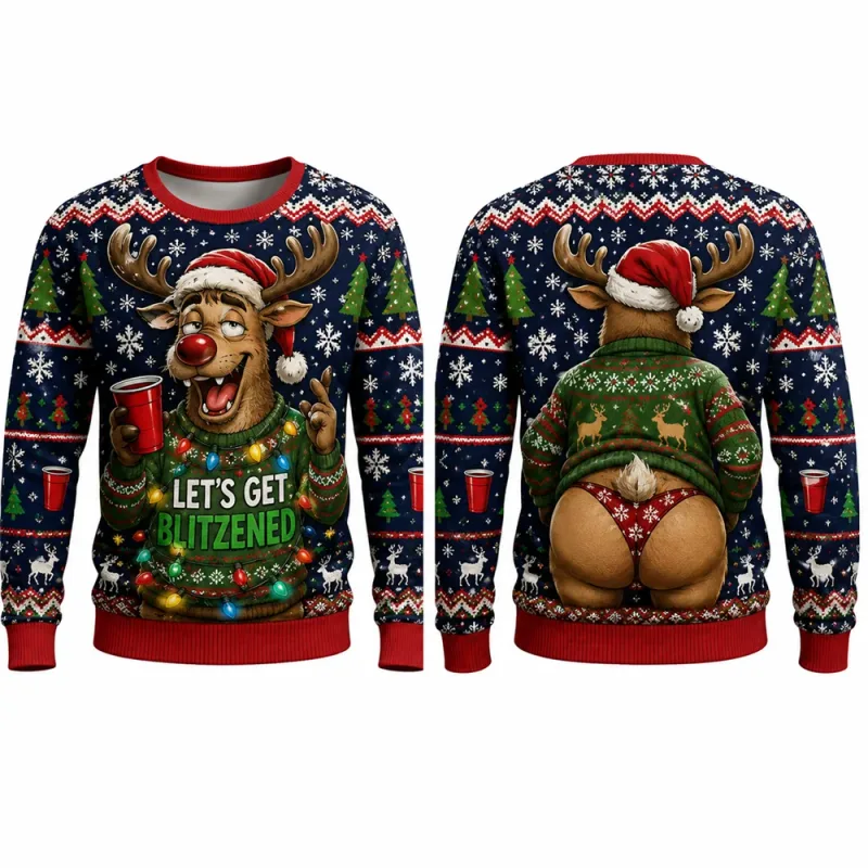 Lets Get Blitzened Reindeer Christmas Sweatshirt 3D Print Crewneck Unisex New Funny Ugly Xmas Party Holiday Jumper Autumn Wear