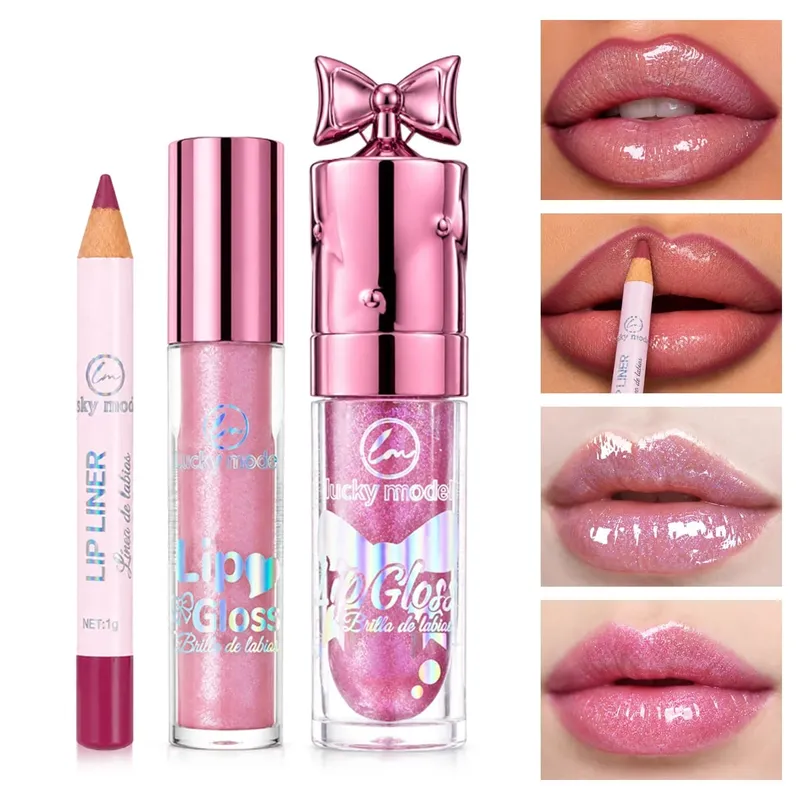Lucky Model Lip Makeup Kit Lip Liner Pencil&Shimmer Lip Gloss Set Moisturizing Glitter Lip Gloss Long Wear Lip Line Pen — image 8