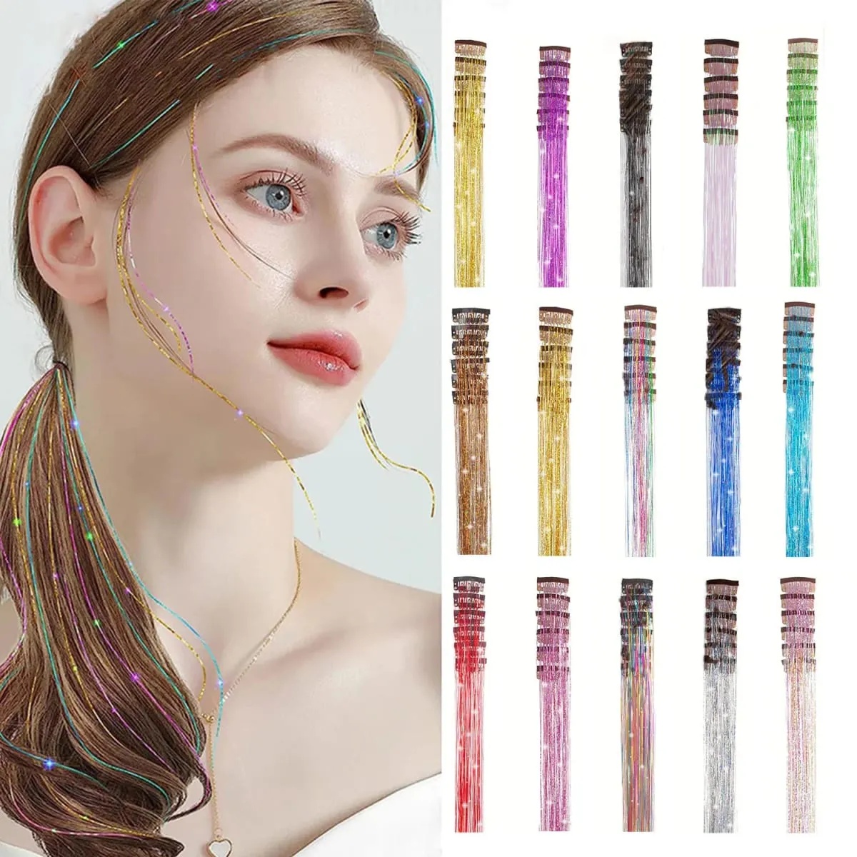 Color bright silk clip seamless hair extensions glitter gold silk dazzling laser wire color strips synthetic wigs — image 2