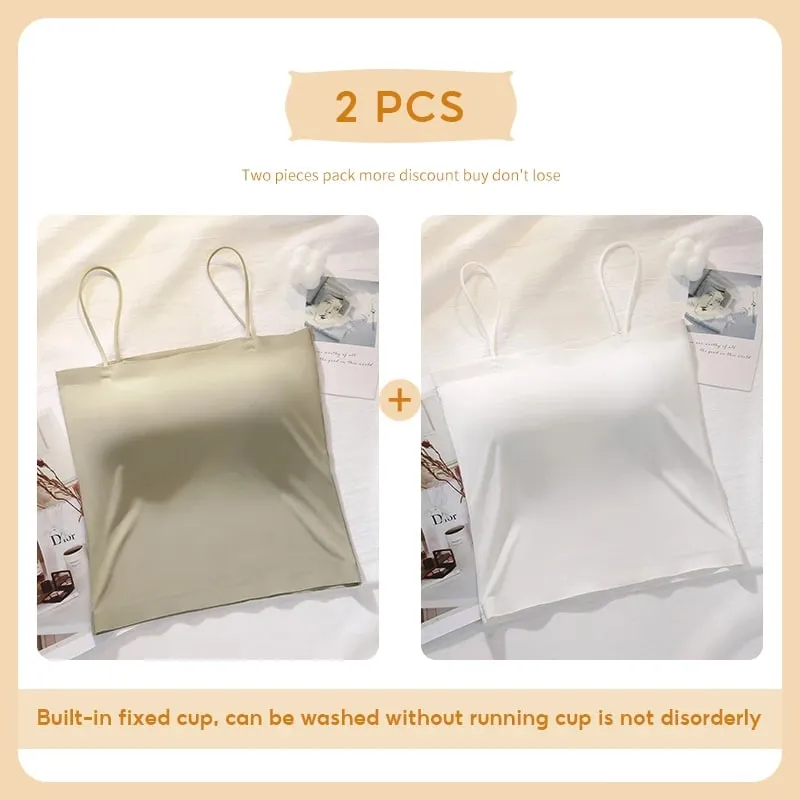 FallSweet 2PCS/set Summer Girls Ice Silk Camisoles Non-wire Bra Tanks Tops Comfort Soft Invisible Underwear Sexy Female Lingerie