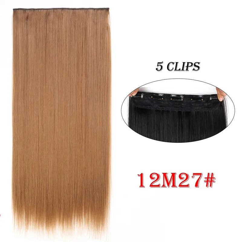 One Piece Clip In Hair Extensions 24" Straight Thick Synthetic Clip In Hairpieces Highlights Black Brown Soft For Women Daily