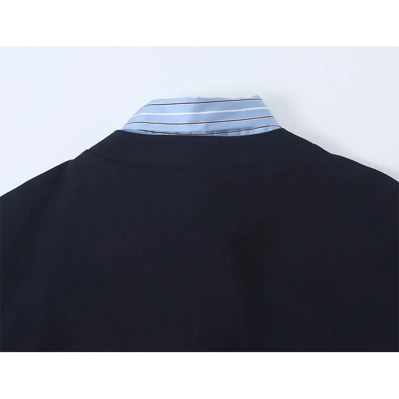 Ladies Contrast Stripe Spliced Casual Short Dress Bow Tie Neck Half Sleeve Ruffled Hem Loose Fit Commuter Dresses — image 5
