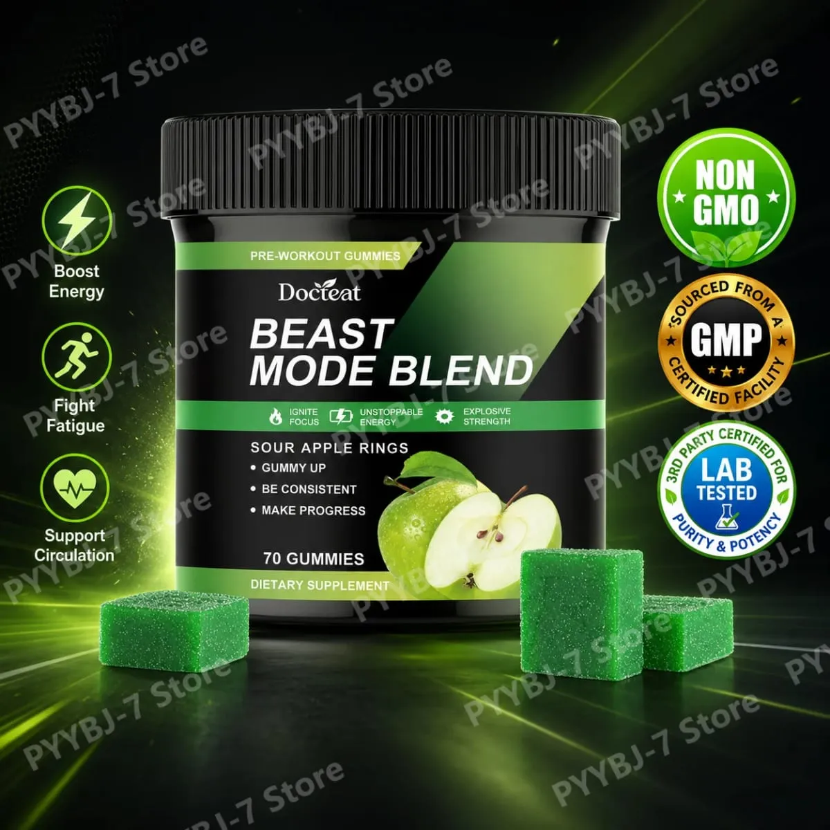 Pre-Workout-Energiegummis mit Koffein, Taurin, Rhodiola Rosea CoQ10 und B-Vitaminen, unterstützen den Trainingsfokus, Energie und Kraft, 70 Ct — image 1
