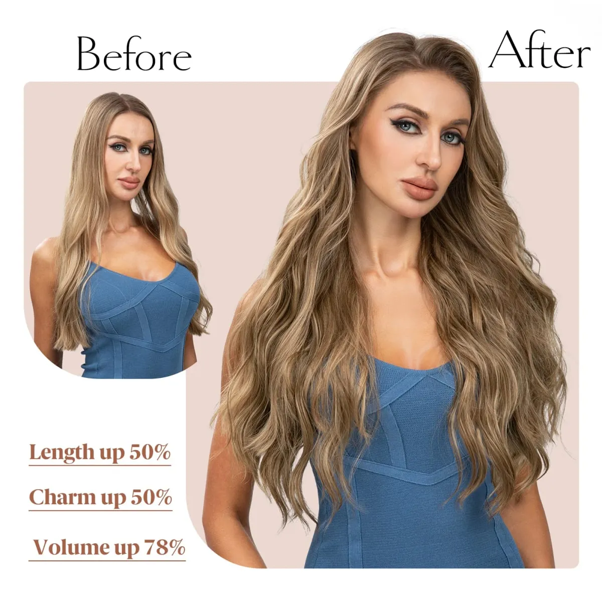 Synthetic Long Wavy Clip In Hair Extensions 22" 4pcs/set Thick Hairpiece For Women Brown Blonde Black Natural Fake Hair