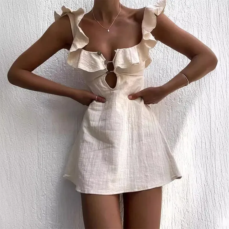 Summer Hollow Out Button Ruffles Short Dress Sexy V Neck Sleeveless Solid Color Dress New Holiday Beach Cotton Linen Mini Dress