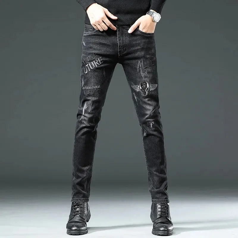 New High Quality Spring Autumn Embroidery Men Skinny Jeans Pants 90s Streetwear Cowboy Male Denim Brand Designer Hiphop trousers — image 2