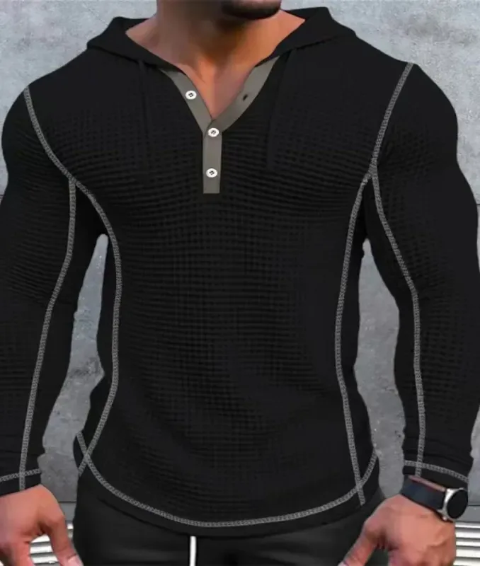 Waffle Solid Fabric Slim Fit Hoodies Men V-neck Button Casual Sweatshirts Hip Hop Street Sweater Men's Sports Tops Long Sleeve — image 1