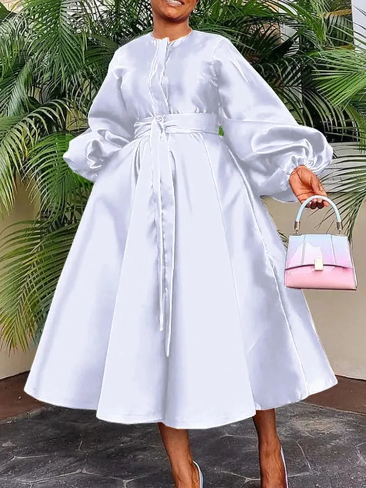 Satin Puff Sleeve Evening Dress for Women Pleated A-Line Round Neck Elegant Party Club Casual Solid Midi Dress with Belt 2025 — image 5