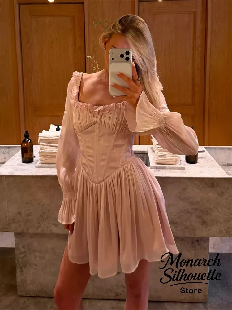 Eleganten Quadratischen Kragen Rüschen Trim Kleid Frauen Chic Feste Volle Hülsen Taille Cinching Kurze Kleider Dame Sexy Straße Roben Neue — image 7